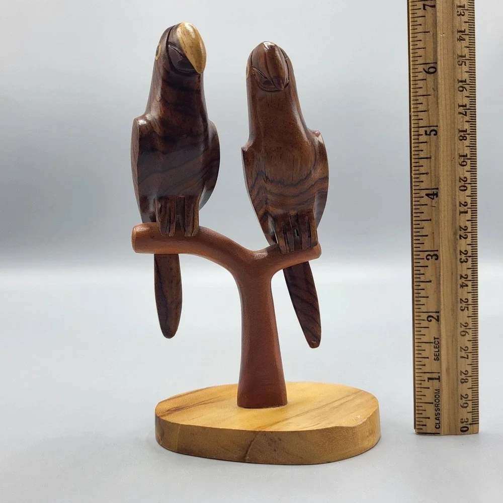 Hand Carved Wood Parrot Sculpture Figurine Pair on Branch Shelf Decor 6.25